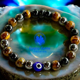 Personal Power - Tiger Eye Yellow + Black Obsidian + Hematite + Evil Eye + Rose Wood Custom Size Round Smooth Stretch (8mm) Natural Gemstone Crystal Energy Bead Bracelet