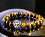 Tiger’s Eye - Yellow•Silver or Gold Lion Head Symbol•Custom Size•Round Smooth Stretch (8mm) Natural Gemstone Crystal Energy Bead Bracelet