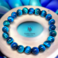 Tiger’s Eye - Teal Peacock Blue Custom Size Round Smooth Stretch (8mm) Natural Gemstone Crystal Energy Bead Bracelet