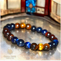 Tiger’s Eye - Red-Blue-Yellow Trio Trinity Multi Color Custom Size Round Smooth Stretch (8mm) Natural Gemstone Crystal Energy Bead Bracelet