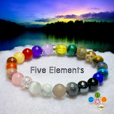 Five 5 Element Bracelet • Multi-Color Gemstone • Custom Size - Round Smooth Stretch (8mm) Natural Gemstone Crystal Energy Bead Bracelet