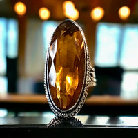Citrine Natural Gemstone Faceted Oval Statement .925 Sterling Silver Ring (Size 9.5)