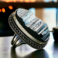 Tourmaline Black Raw Natural Gemstone .925 Sterling Silver Oval Statement Ring (Size 7.5)