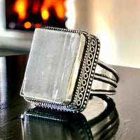 Selenite Natural Raw Gemstone .925 Sterling Silver Statement Ring (Size 8.5)