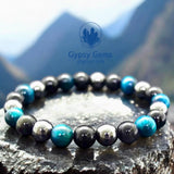 Triple Protection - Tiger Eye Teal Blue + Black Onyx + Hematite Custom Size Round Smooth Stretch (8mm or 10mm beads) Natural Gemstone Crystal Energy Bead Bracelet