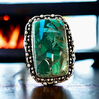 Malachite Turquoise Copper Orgone Natural Gemstone .925 Sterling Silver Ring (Size 7.5)