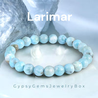 Larimar Dominican Caribbean Blue•Custom Size•Round Smooth Stretch (8mm) Natural Gemstone Crystal Energy Bead Bracelet