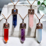 Filigree Leaf Copper Hexagonal Natural Gemstone Crystal Point Pendulum Pendant/Choose Chain