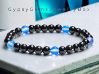 Water Element Bracelet•Blue Aura Crystal, Black Onyx•Minimalist (6mm) •Custom Size•Round Smooth Stretch Natural Gemstone Crystal Energy Bead Bracelet