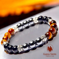 Triple Protection - Tiger Eye Yellow Golden Brown + Black Onyx + Hematite - “Power of Three”, Custom Size Round Smooth Stretch (8mm) Natural Gemstone Crystal Energy Bead Bracelet