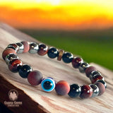 Triple Protection - Tiger Eye Red + Black Obsidian + Hematite + Evil Eye + Rosewood Custom Size Round Smooth Stretch (8mm) Natural Gemstone Crystal Energy Bead Bracelet