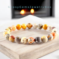 Agate - Crazy Lace Agate•Yellow•Brown•Orange•Custom Size•Round Smooth Stretch (8mm) Natural Gemstone Crystal Energy Bead Bracelet