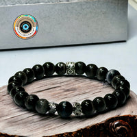 Cat Eye (Chrysoberyl) Black Custom Size + Pyramid Lava Stone Silver Spacer Beads, Round Smooth Stretch (8mm) Natural Crystal Gemstone Energy Bead Bracelet