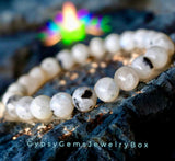 Moonstone - Rainbow Moonstone•Black Tourmaline Rutile inclusions•Custom Size•Round Stretch (8mm) Natural Gemstone Crystal Energy Bead Bracelet