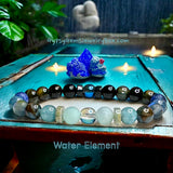 Water Element Bracelet•Aura Crystal, Amazonite, Aquamarine, Cloisonné, Apatite, Lapis Lazuli, Blue Tiger Eye, Obsidian, Blue Aura, Ebony Wood, Serpentine • Custom Size - Round Smooth Stretch (8mm) Natural Gemstone Crystal Energy Bead Bracelet