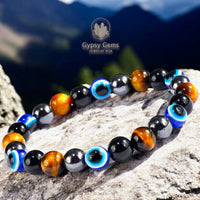 Triple Protection - Tiger Eye Yellow + Evil Eyes + Black Obsidian + Hematite Custom Size Round Smooth Stretch (8mm) Natural Gemstone Crystal Energy Bead Bracelet