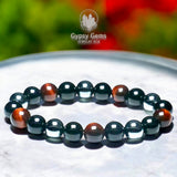 Triple Protection - Tiger Eye Red + Black Onyx + Hematite Custom Size Round Smooth Stretch (8mm) Natural Gemstone Crystal Energy Bead Bracelet