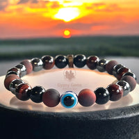 Triple Protection - Tiger Eye Red + Black Obsidian + Hematite + Evil Eye + Rosewood Custom Size Round Smooth Stretch (8mm) Natural Gemstone Crystal Energy Bead Bracelet