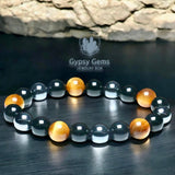 Triple Protection - Tiger Eye Yellow Honey (Golden Sun) + Black Onyx + Hematite Custom Size Round Smooth Stretch (8mm or 10mm beads) Natural Gemstone Crystal Energy Bead Bracelet