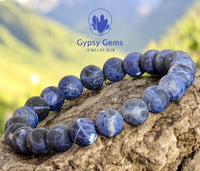 Sodalite (Dark Blue) Matte Rustic Custom Size Round Stretch (8mm) Natural Gemstone Crystal Energy Bead Bracelet