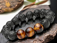 Lava Stone•Black Lava Rock + Tiger Eye Aromatherapy Custom Size Round Stretch (8mm) Natural Gemstone Crystal Energy Bead Bracelet