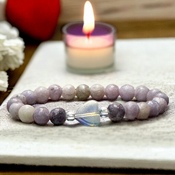 Lepidolite Purple Lilac + Opalite Heart + Clear Quartz Spacers - Custom Size Round Smooth Stretch (8mm) Natural Gemstone Crystal Energy Bead Bracelet