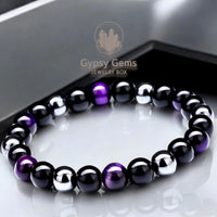 Triple Protection - Tiger Eye Purple + Black Onyx + Hematite Custom Size Round Smooth Stretch (8mm) Natural Gemstone Crystal Energy Bead Bracelet