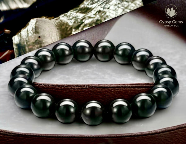 Shungite Custom Size Round Smooth Stretch (10mm) Natural Gemstone Crystal Energy Bead Bracelet