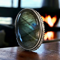 Labradorite Rainbow Natural Gemstone .925 Sterling Silver Oval Statement Ring (Size 6.75)