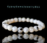 Moonstone - Rainbow Moonstone•Black Tourmaline Rutile inclusions•Custom Size•Round Stretch (8mm) Natural Gemstone Crystal Energy Bead Bracelet