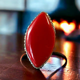 Coral Red Natural Gemstone .925 Sterling Silver Double Point Statement Ring (Size 7.5)