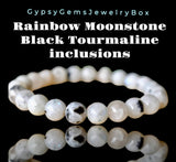 Moonstone - Rainbow Moonstone•Black Tourmaline Rutile inclusions•Custom Size•Round Stretch (8mm) Natural Gemstone Crystal Energy Bead Bracelet