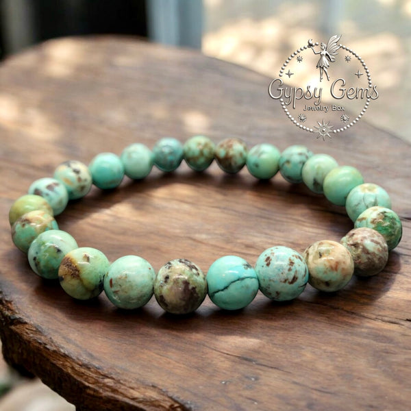 Turquoise - Green Natural Turquoise, Custom Size, Round Stretch (8mm) Natural Gemstone Crystal Energy Bead Bracelet