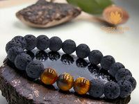 Lava Stone•Black Lava Rock + Tiger Eye Aromatherapy Custom Size Round Stretch (8mm) Natural Gemstone Crystal Energy Bead Bracelet