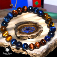 Tiger’s Eye - Red-Blue-Yellow Trio Trinity Multi Color Custom Size Round Smooth Stretch (8mm) Natural Gemstone Crystal Energy Bead Bracelet