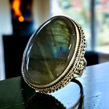 Labradorite Rainbow Natural Gemstone .925 Sterling Silver Oval Statement Ring (Size 6.75)