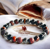 Triple Protection - Tiger Eye Red + Black Obsidian + Hematite + Rose Wood Custom Size Round Smooth Stretch (8mm) Natural Gemstone Crystal Energy Bead Bracelet