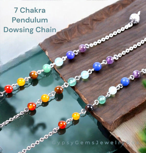 7 Chakra Beaded Silver Chain or Silver Chain Dowsing Chain for Pendulum with 7 Chakra Stone Beads Reiki Energy Healing