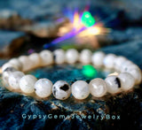 Moonstone - Rainbow Moonstone•Black Tourmaline Rutile inclusions•Custom Size•Round Stretch (8mm) Natural Gemstone Crystal Energy Bead Bracelet