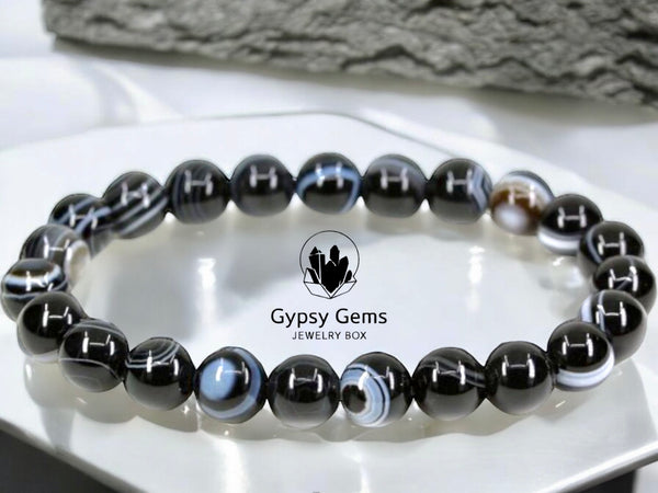 Sardonyx - Black/White Banding Custom Size Round Smooth Stretch (8mm) Natural Gemstone Crystal Energy Bead Bracelet