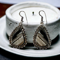 Agate Slice Natural Gemstone Pear Drop Dangle Hook .925 Sterling Silver Stamped Earrings