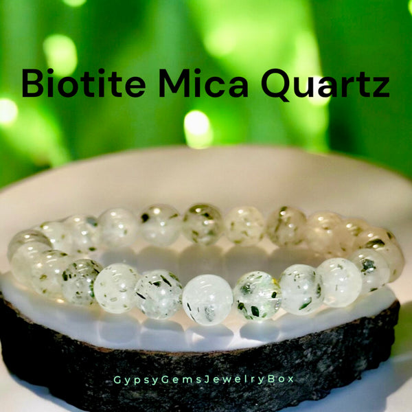 Quartz - Biotite Mica Clear Quartz Custom Size (8mm) Round Smooth Stretch Natural Gemstone Crystal Energy Bead Bracelet