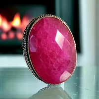 Ruby Natural Gemstone .925 Sterling Silver Faceted Oval Statement Ring (Size 8.5)