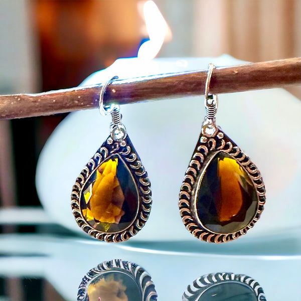 Topaz Golden Fire Natural Gemstone Pear Drop Dangle Hook .925 Sterling Silver Stamped Earrings