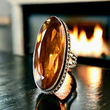 Citrine Natural Gemstone Faceted Oval Statement .925 Sterling Silver Ring (Size 9.5)