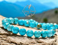 Turquoise - Faceted Genuine Natural Blue Copper Vein Turquoise, Custom Size, Round Stretch (8mm) Natural Gemstone Crystal Energy Bead Bracelet