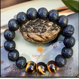 Lava Stone•Black Lava Rock + Tiger Eye Aromatherapy Custom Size Round Stretch (12mm Grandi X-Large) Natural Gemstone Crystal Energy Bead Bracelet