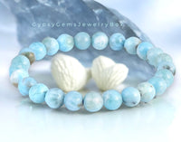 Larimar Dominican Caribbean Blue•Custom Size•Round Smooth Stretch (8mm) Natural Gemstone Crystal Energy Bead Bracelet