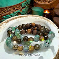 Wood Element Bracelet•Green & Brown Aura Crystal, Smokey Quartz, Burma Jade, Dragons Vein, Aventurine, Malachite, Carnelian, Bronzite, Coffee Jasper, Brown Lava, Rudraksha• Custom Size•Stretch (8mm) Natural Gemstone Crystal Energy Bead Bracelet