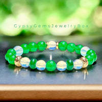 Jade - Jadeite Imperial Green•Opalite•Gold Lava Stone•Custom Size Round Smooth Stretch (8mm) Natural Gemstone Crystal Energy Bead Bracelet